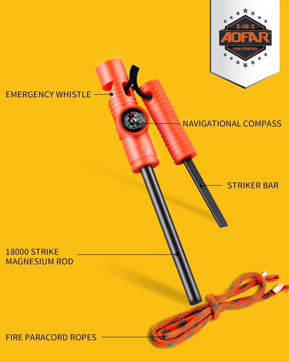 Fire Starter Af-381/Af-381Plus Fire Steel with Paracord and Whistle for Camping, Hiking, Hunting, Backpacking, Boating, Emergency Rescue…